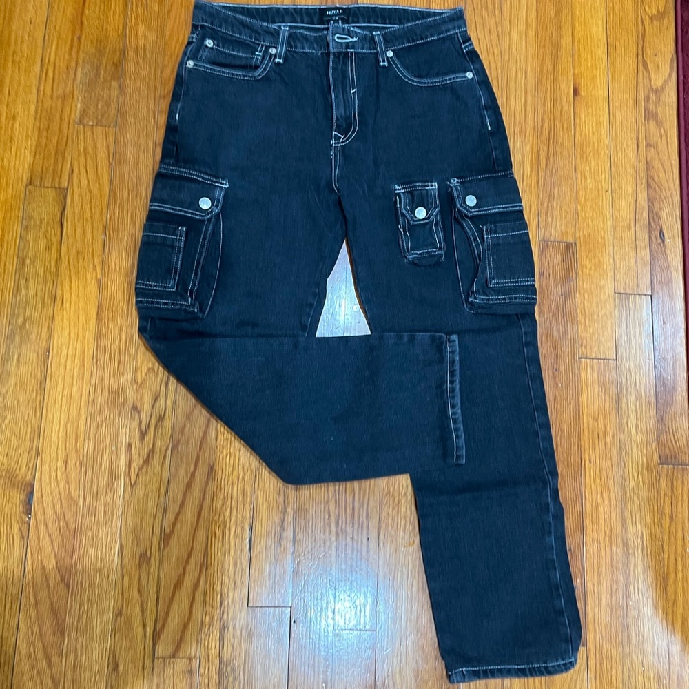 Grunge Cargo Black Denim Jeans Slim Straight